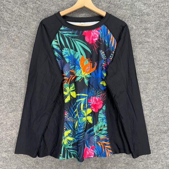 Unbranded Rash Guard Women 3XL Black Floral Long Sleeve Crew Neck Swimsuit - Picture 1 of 6